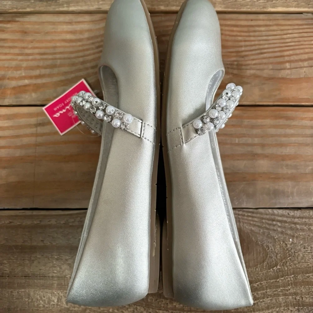 Nina Girl's Silver Leather Kid's Flat Dress Shoes Pearl Beaded Strap NEW Size 3M